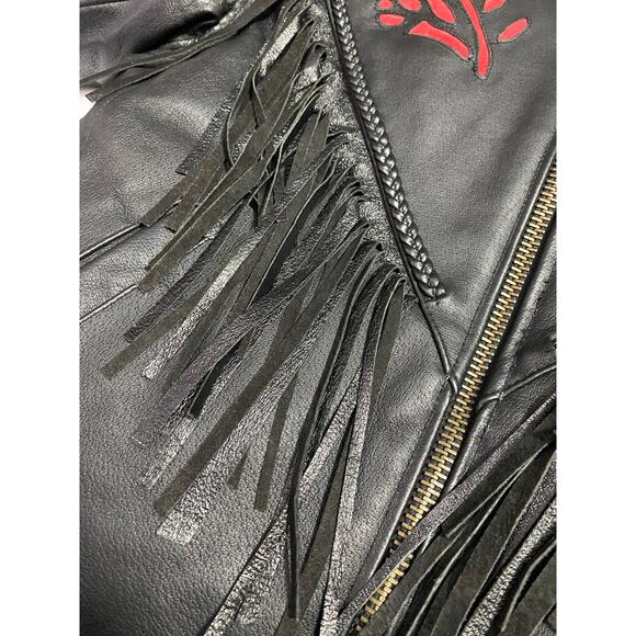 NWOT Women’s Black Fringe Leather Motorcycle Jacket Size Large Rose Inserts - Picture 14 of 15